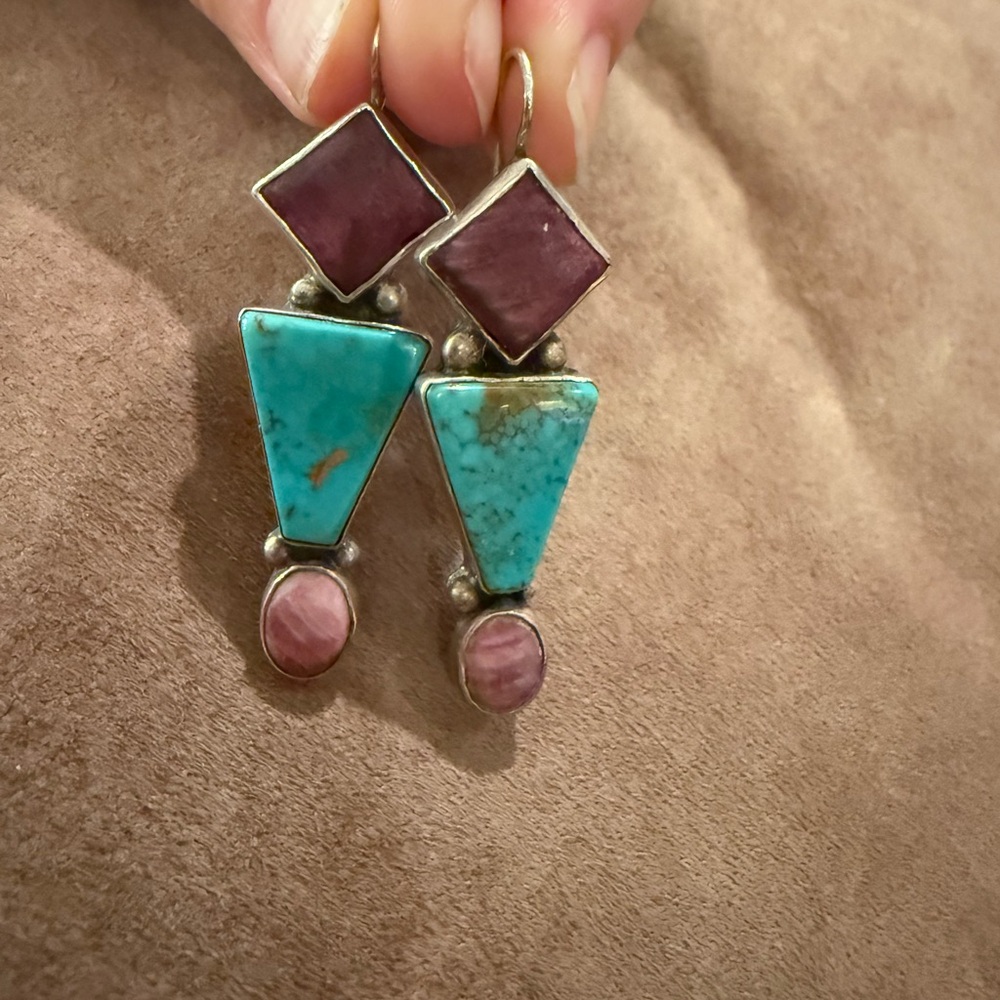 Vintage Navajo Sterling Silver Turquoise and Purple Earrings - Picture 2 of 6
